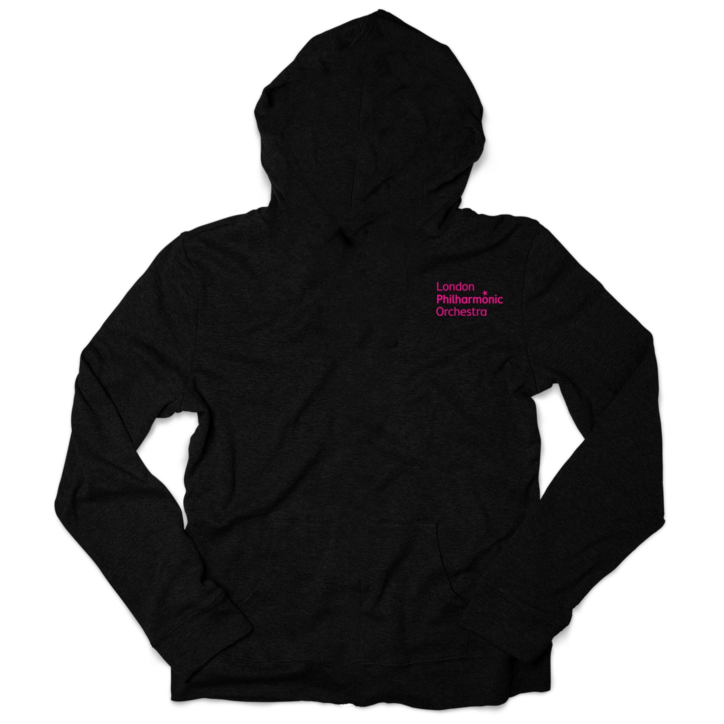 Back of black hoodie, with pink London Philharmonic Orchestra logo embroidered on one shoulder
