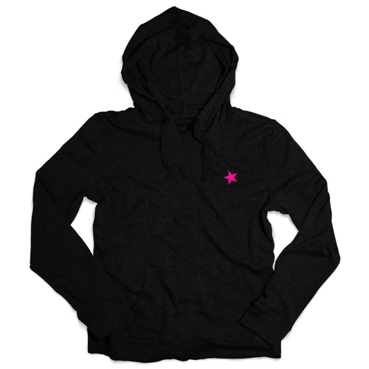 Black hoodie with pink embroidered star on one side of chest